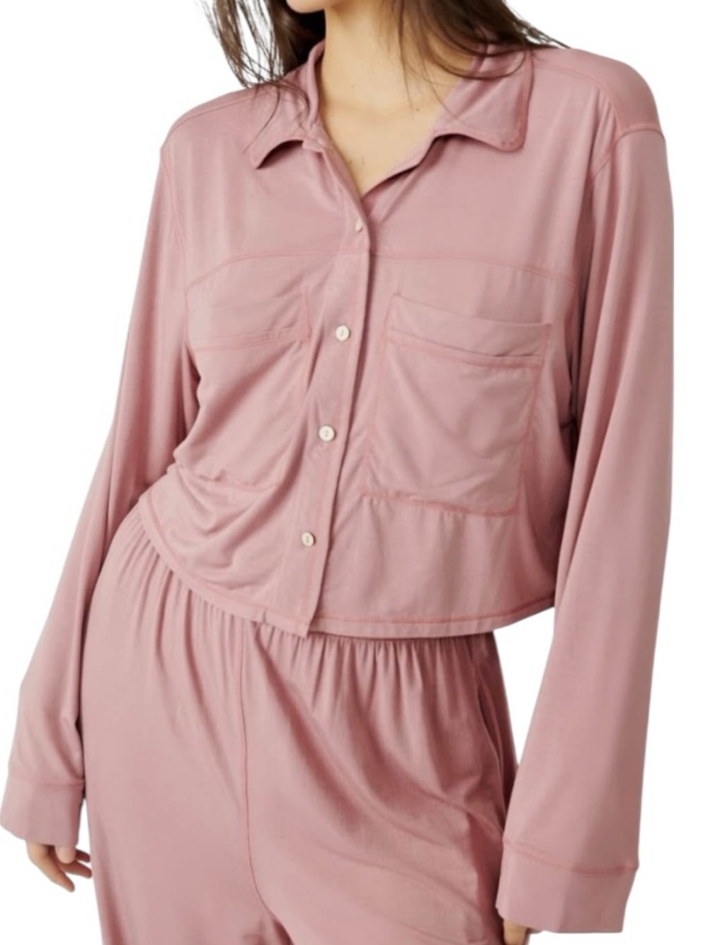 Free People Essential Pajama Top Pink Long Sleeve Button Front Lounge Sleep S